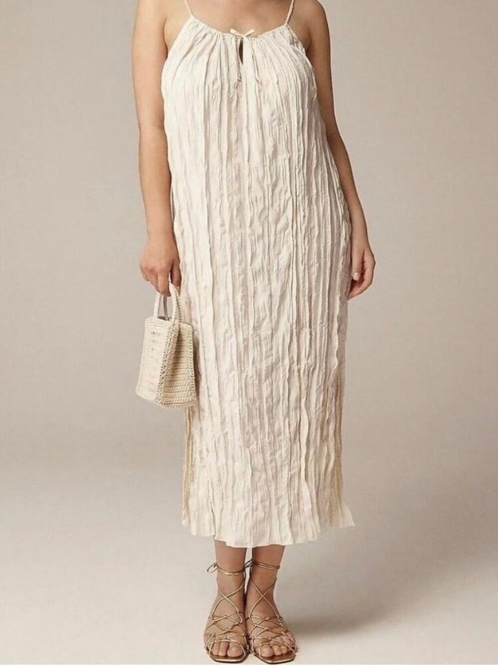 J. Crew SMALL Cream Crinkle Texture Romantic Scoop Neck Strappy Midi Dress NWT